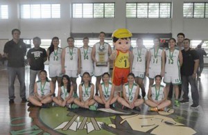 De La Salle Zobel head coach Barry Tobias, assistant coaches Brian Moldez, Marvin de Luz and Dondi Nogoy with the champion team of the 2014 Interscholastic Girls Basketball League. CONTRIBUTED PHOTO