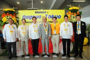 Cebu Pacific Air president Lance Gokongwei (third from right) welcomes the airline’s guests of honor to the Manila-Tokyo and Manila-Nagoya inaugural rites at NAIA Terminal 3.  They are (from left) Maj. Gen. Jose Angel Honrado (Manila International Airport Authority general manager); Philippine Ambassador to Japan Manuel Lopez; DOTC Secretary Joseph Emilio Abaya; Japanese Ambassador to the Philippines Toshinao Urabe; DOT Assistant Secretary Benito Bengzon; and Atty. Carmelo Arcilla (Civil Aeronautics Board executive director).