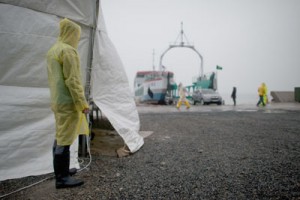 A man watches as people disembark from a scheduled island ferry at Jindo harbor where relatives of victims of the Sewol ferry are gathered at a makeshift relief center, on Monday. Divers were battling atrocious weather conditions and powerful swell in their grim search for corpses believed trapped in the sunken South Korean ferry, a coastguard spokesman said. AFP PHOTO