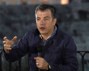 Stavros Theodorakis, leader of the new political party To Potami (The River), speaks to people during his campaign at the Ionian island of Corfu. AFP PHOTO