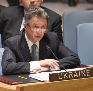 Ukraine’s United Nations Ambassador Yuriy Sergeyev addresses a meeting at the UN Security Council called by Russia on Monday in New York City. AFP PHOTO