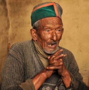 In this photograph taken on April 24, 2014, 97-year old Indian resident Shyam Saran Negi gestures as he speaks at his home at Kalpa in Kinnaur District in the northern State of Himachal Pradesh. AFP PHOTO