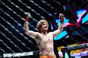 Former Olympian wrestler Ben Askren celebrates his victory over sambo fighter Bakhtiyar Abbasov.  PHOTO COURTESY OF ONE FC 