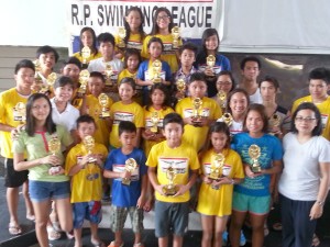 The most outstanding swimmers with Philippine Swimming League (PSL) Regional Director and board member lawyer Theresa Mahiwo and PSL Secretary General Maria Susan Benasa M.D. during the awarding ceremony of the PSL- Magnolia 58th Leg Series at the Diliman Preparatory School. CONTRIBUTED PHOTO