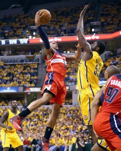 Bradley Beal #3 of the Washington Wizards shoots the ball against the Indiana Pacers in Game 1 of the Eastern Conference Semifinals. AFP PHOTO