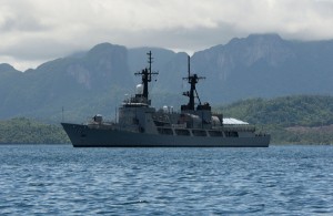  The Philippine Navy’s frigate BRP Ramon Alcaraz is anchored in Ulugan Bay off Puerto Princesa. Ulugan Bay, with a coastline partly concealed by thick mangrove forests, is at the center of the military’s efforts to shore up the defense of contested South China Sea islands and waters. AFP PHOTO 