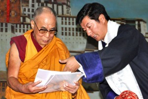 In this handout photograph received from the Central Tibetan Administration on Thursday, the Dalai Lama (left) and Tibetan Prime Minister Lobsang Sangay discuss the launch of a new campaign for Tibetan autonomy in Dharamsala. The prime minister of Tibet’s government-in-exile accused Chinese authorities of blanket repression in the Himalayan region as he launched a new campaign for autonomy in his homeland. AFP PHOTO