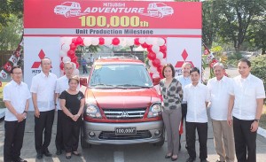 Presenting the Mitsubishi Adventure’s symbolic 100,000th unit are top Mitsubishi executives, domestic auto industry officials and representatives of local government units. From left are Masato Sada, Junya Masuda, Hikosaburo Shibata, Dr. Olga Abellanosa, Marissa Concepcion, Ramon Kabigting, Kazuki Sugino, Orlando Alvarez Jr. and Casimiro Ynares 3rd.