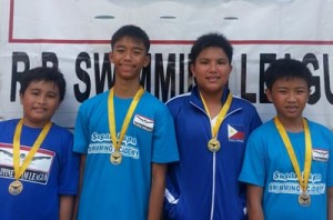 (From left) Luis Marco Mendoza, Recz Agustin, Daniel Mercado and Monchito Callanta lead the opening day winners of the Philippine Swimming League-Magnolia Novice Swim Meet at the Fleet Marines Naval Swimming Pool in Fort Bonifacio, Taguig City. Contributed photo