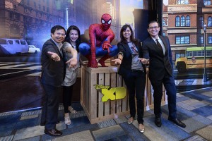 An XD-riffic entrance for Spider Man and his amazing Friends.(From left ) Guido Zaballero,vice president and market head of cignal TV,Annie Naval,COO and managing director of cignal tv,Spider man,Natasha Malhotra,general manager for Branded Media Content of the walt Disney Southeast asia,and jacque ruby,COO of Accion