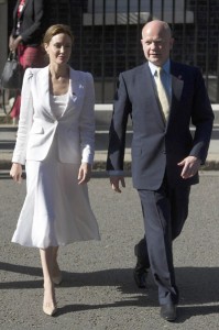 US actress and campaigner Angelina Jolie walks with Britain’s Foreign Secretary William Hague at 10 Downing Street in central London on Wednesday. Co-hosts Jolie and Hague opened a four-day summit on ending sexual violence in conflict, the biggest meeting ever held on the subject. AFP PHOTO