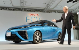Toyota Motor Executive Vice President Mitsuhisa Kato introduces the company’s hydrogen-powered fuel-cell vehicle. Toyota will start selling its first fuel-cell sedan in 2015 carrying a price tag of around $70,000. Fuel-cell cars are seen as the Holy Grail of green cars as they are powered by a chemical reaction of hydrogen and oxygen, which produces nothing more harmful than water. AFP PHOTO