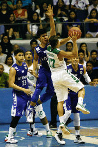 Almond Vosotros of La Salle tries to make a basket against Kiefer Ravena of Ateneo during their game in the University Athletic Association of the Philippines (UAAP) Season 77 men’s basketball at the Smart Araneta Coliseum.  PHOTO BY MIGUEL DE GUZMAN