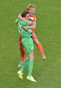 Netherlands’ goalkeeper Tim Krul (left) celebrates with Netherlands’ defender Dirk Kuyt after the victory over Costa Rica at the Fonte Nova Arena in Salvador on Saturday. AFP PHOTO