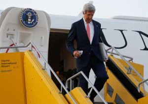 US Secretary of State John Kerry disembarks from his plane after arriving at Vienna International Airport on Sunday. Kerry landed in Austria early on Sunday to help steer the final stretches of negotiations between global powers and Iran over Tehran’s suspect nuclear program as a deadline for a deal looms. AFP PHOTO