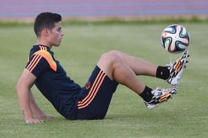 Colombia’s midfielder James Rodriguez controls the ball during a training session at Fortaleza’s University campus on the eve of the FIFA World Cup 2014 quarterfinals match between Brazil and Colombia. AFP PHOTO