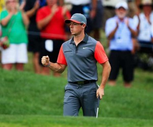 Rory McIlroy of Northern Ireland celebrates a putt for birdie on the 14th hole during the first round of the 96th PGA Championship at Valhalla Golf Club in Louisville, Kentucky. AFP PHOTO