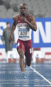 Qatar’s Femi Seun Ogunode powers toward the finish line in the finals of the men’s 100 meters athletics event during the 17th Asian Games at the Incheon Asiad Main Stadium in Incheon. AFP PHOTO