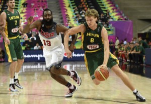 US forward James Harden (left) vies with Lithuania’s forward Mindaugas Kuzminskas (right) during the 2014 FIBA World basketball championships semifinals match Lithuania vs USA at the Palau Sant Jordi in Barcelona. AFP PHOTO