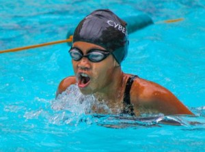 Kyla Soguilon of Aklan Swimming team finishes a lap. CONTRIBUTED PHOTO