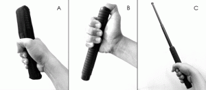 The telescopic baton can be used closed or extended: (A) Jabbing with a holstered baton (B) hammering with the butt of the baton, Notice how the thumb secures the baton’s tip to prevent the two inner shafts from expanding (C) a fully extended baton. CONTRIBUTED PHOTO