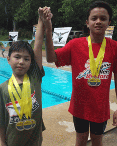 GOLD WINNERS Rio Lorenzo Malapitan and Joey Del Rosario win three golds each in the 68th Philippine Swimming League (PSL) Leg Series dubbed as 1st Mayor Roderick Alcala Swimming Challenge on Sunday at the Ouan’s The Farm Resort in Lucena City. 