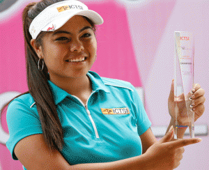 CHAMP AGAIN Dottie Ardina hoists her trophy as she marks her return to the ICTSI Ladies PGT with a runaway victory at ICTSI Valley Golf Ladies Challenge. CONTRIBUTED PHOTO