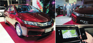 Clockwise from top, right: (L-R) House of Investments president Medel Nera, HCPI president and general manager Toshio Kuwahara, Ayala Automotive Holdings Corp deputy CEO Emmanuel Aligada and Garmin Corp., director for sales Jay Shen posing beside the new City E Navi+; The built-in navigation system; and the new Honda City E Navi+.