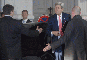 NUCLEAR DEAL AT STAKE  United States Secretary of State John Kerry arrives for nuclear talks with Iran at the Palais Coburg in Vienna on Sunday. At stake in the Austrian capital Vienna is a historic deal in which Iran would curb its nuclear activities in exchange for broad relief from years of heavy international economic sanctions. AFP PHOTO