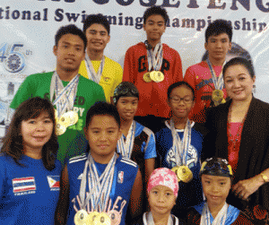 Sen. Nikki Coseteng and PSL Sec. Gen. Maria Susan Benasa awarding the 9 record breakers during the 70th PSL leg series at Diliman Preparatory School namely (bottom left to right) Edrian Laureta, Tom Aubrey, Michael Lozada, (second row) Darwin Tumaneng, Kyla Soguilon, Aillia Espejo, (top row) Martin Jacob Pupos, Iñaki Lorbes and Daryl Concepcion. CONTRIBUTED PHOTO