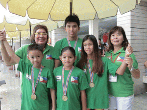 Philippine Swimming League (PSL) President Susan Papa and Secretary General Maria Susan Benasa pose with the gold medalists Micaela Jasmine Mojdeh, Kyla Soguilon, Daryl Concepcion and Michael Lozada in the 2014 Royal Bangkok Swimming Championship at the Royal Bangkok Sports Club Swimming Pool in Thailand. CONTRIBUTED PHOTO