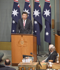 ADVOCATING PEACE  China’s President Xi Jinping addresses the Australian parliament during his visit to Canberra on Monday. Xi is visiting Canberra after attending the G20 Summit in Brisbane over the weekend. AFP PHOTO