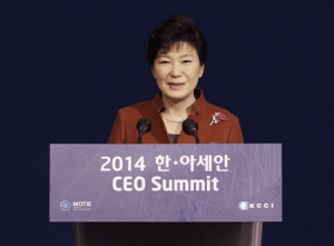 South Korea President Park Geun-hye speaks during the opening ceremony of the CEO Summit held on December 11 at Busan. AFP PHOTO