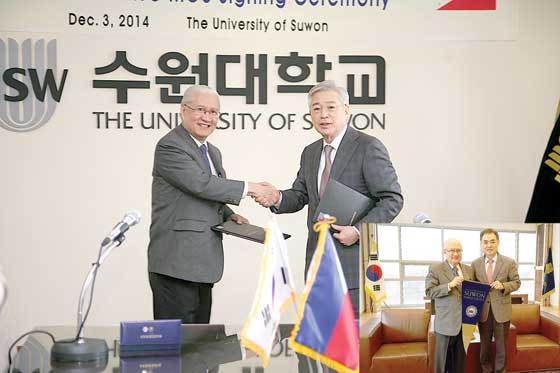  (Left photo) Dr. Dante A. Ang, (left) chairman of The Manila Times College, and Dr. Lee In Soo, president of Suwon University, shake hands after exchanging copies of the signed Memorandum of Understanding (MOU). (inset) Dr. Ang (left) and Dr. Park Chul Soo, president of Suwon College, displaying the Suwon flag after signing the MOU. 