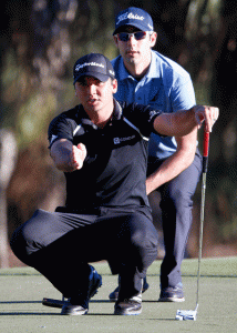 GAME PLAN  Jason Day of Australia (L) and Cameron Tringale look over a birdie attempt on the 16th hole during the final round of the Franklin Templeton Shootout at Tiburon Golf Club in Naples, Florida. AFP PHOTO