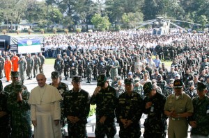 Ready for Pope Duty officers and men of the armed Forces of the Philippines pray during the mustering of troops for the joint Task Force Pope in Camp aguinaldo in Quezon City as the military starts to implement security operations to secure Pope Francis. Photo by Miguel de Guzman 