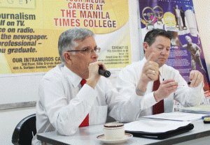 TWEDDEL AT THE TIMES  Australian Ambassador to the Philippines Bill Tweddel (left) gestures as he answers a question during a forum with editors and reporters of The Manila Times. With him is Anthony Weymouth, senior trade and investment commissioner of the Australian Trade Commission.  Photo by Melyn Acosta 