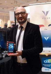 The new $6,000 Lamborghini 88 Tauri smartphone is held by Lamborghini Mobile CEO Bob Hatefi  during  the Consumer Electronics Show in Las Vegas, Nevada, January 5, 2015.  The company is not part of the automotive group, which is owned by Volkswagen, but was launched by Tonino Lamborghini,  son of the auto designer.  AFP PHOTO 