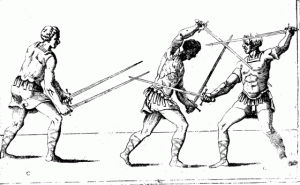 An illustration featuring the use of two swords from Camillo Agrippa’s Treatise on the Science of Arms and Philosophy (1553)