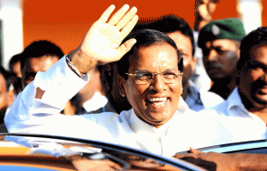 STRONG CONTENDER Sri Lanka's main opposition presidential candidate Maithripala Sirisena waves after voting in the country's election at a polling station in the north-central town of Polonnaruwa, some 240 kilometers from Colombo on Thursday. AFP PHOTO 
