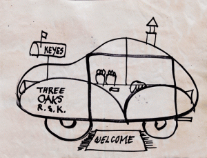 An excerpt from one of  Zobel’s  travels which he wrote about and  drew for the Pfeufer family— this one is about a car named ”Fantastic Vehicle,” pen and ink on paper