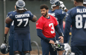 Quarterback Russell Wilson No.3 of the Seattle Seahawks warms up during a practice at Arizona State University on Thursday (Friday in Manila) in Tempe, Arizona. AFP PHOTO