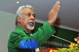 RESISTANCE HERO  In this file photograph taken August 3, 2014, former East Timor Prime Minister Xanana Gusmao delivers an address before the National Congress of East Timor’s Reconstruction political party assembly in Dili. AFP PHOTO