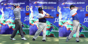 The ceremonial tee-off to kick off this year’s Philippine Airlines (PAL) Interclub Seniors tournament in Cebu City was led by PAL President Jaime J. Bautista (center), PAL Senior VP Ismael Augusto Gozon (right), and Major Gen. Renato Sanchez, general manager of Mactan Island Golf Club.