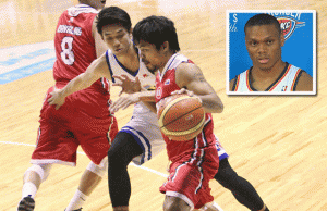 SERIOUS BALL Manny Pacquiao dribbles against Purefoods’ Allein Maliksi. (Inset)  Purefoods import Daniel Orton 