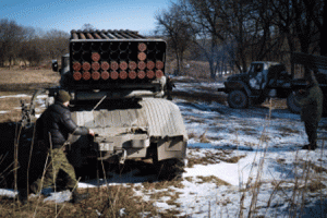 READY FOR LAUNCH  Pro-Russian rebels stationed in the eastern Ukrainian city of Gorlivka, Donetsk region prepare to launch missiles from Grad launch vehicles toward a position of the Ukrainian forces in Debaltseve, about 35km east of Gorlivka on Friday. Fighting raged in Ukraine Saturday as the clock ticked down to a ceasefire that will be a first test of Kiev and pro-Russian separatists’ commitment to a freshly-inked peace plan. AFP PHOTO