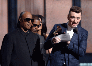 ALMOST A SWEEP Singer Sam Smith accepts the Song of the Year award for “Stay With Me” onstage during The 57th Annual Grammy Awards at the at the Staples Center on Monday in Los Angeles, California. AFP PHOTO