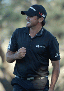 Jason Day of Australia celebrates after his victory on the second playoff hole on the 17th green during the final round of the Farmers Insurance Open at Torrey Pines South on Sunday in La Jolla, California. AFP PHOTO