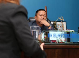 LENDING AN EAR  Sen. Joseph Victor Ejercito listens to Joey, the Manila Times source who uncovered the alleged anomalous P1.2 billion helicopter acquisition contract. PHOTO RENE H. DILAN 