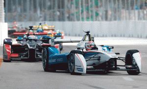 Formula E cars race in the closed street circuit in Miami